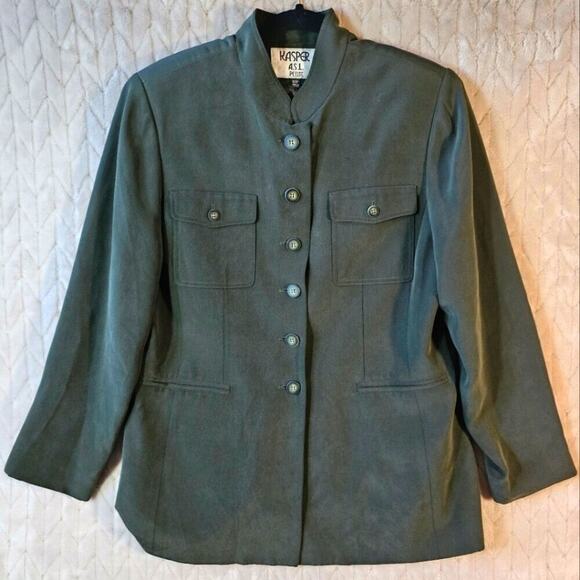 VTG 90s Military Blazer Coat 100% Silk Womens 12 Petite Green Monk Chic Army - Picture 1 of 6